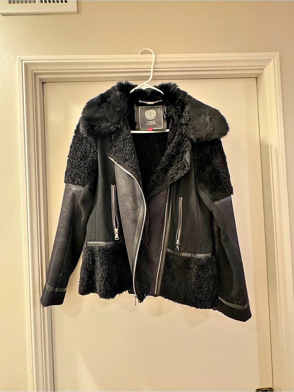 Vince Camuto Mixed Media Faux Shearling Moto Jacket Black Small